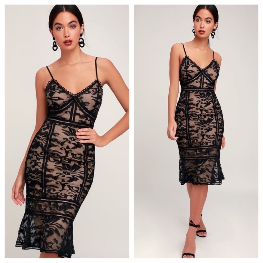 Lulus Alluring Love NWT Black & Nude Trumpet Midi Dress Large